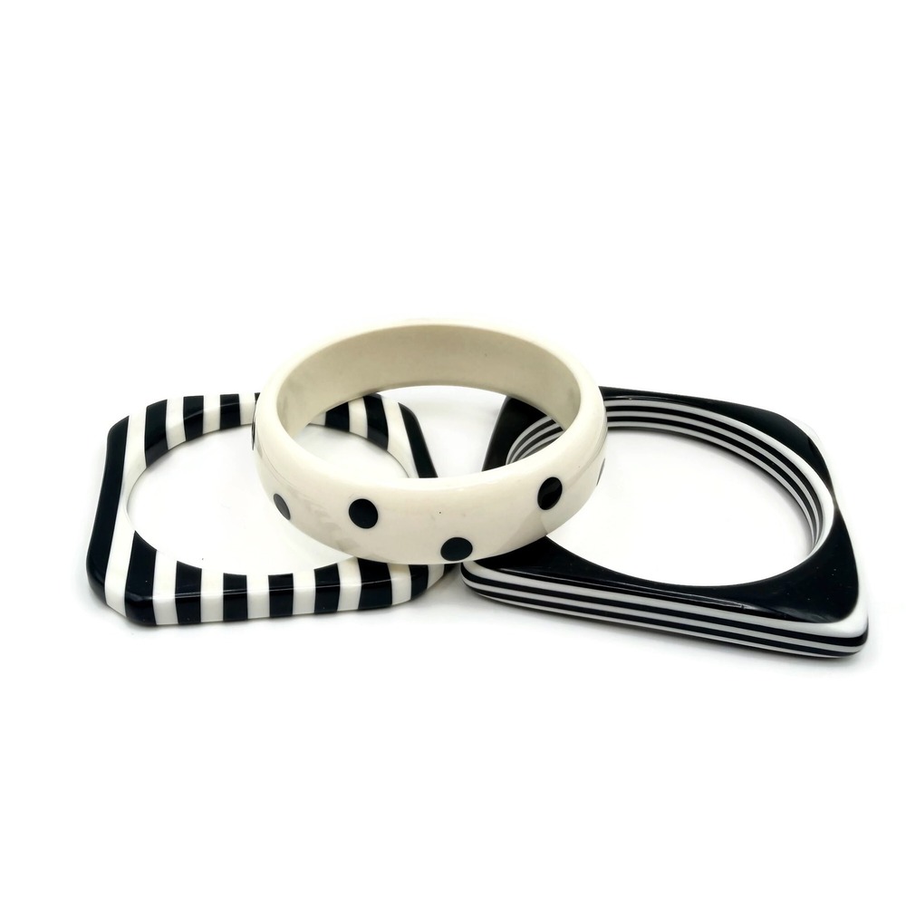 Vintage Bangle Bracelet Set of 3 Petite Stack Black White Polka Dot Striped Mod - Picture 3 of 9